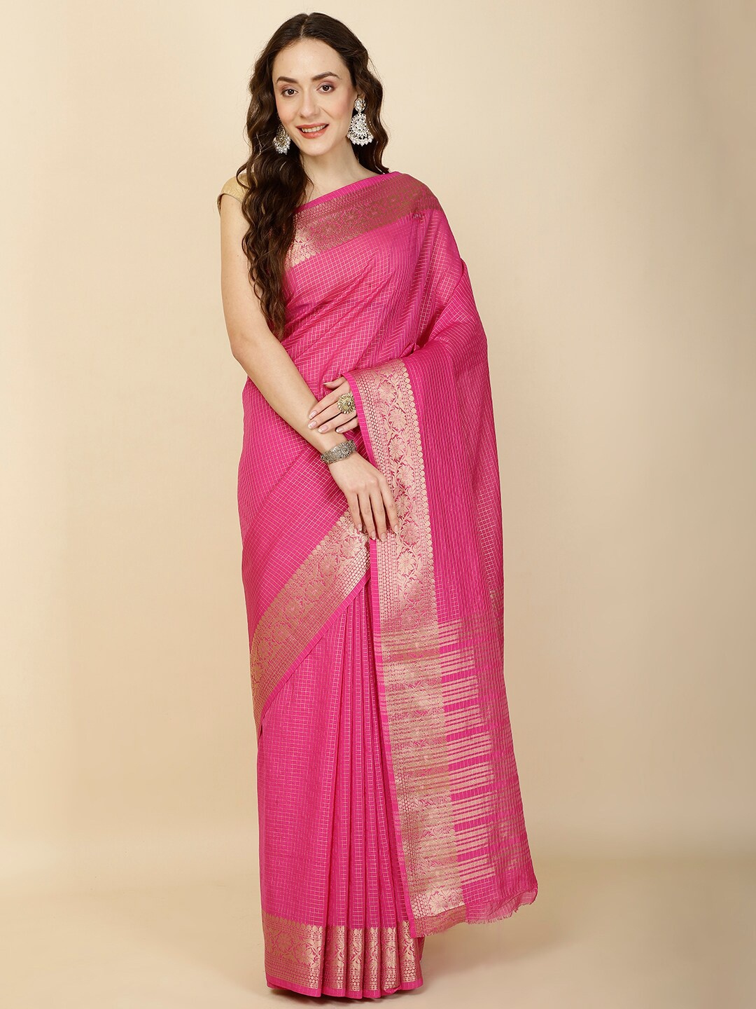 

Meena Bazaar Checked Woven Design Zari Saree, Pink