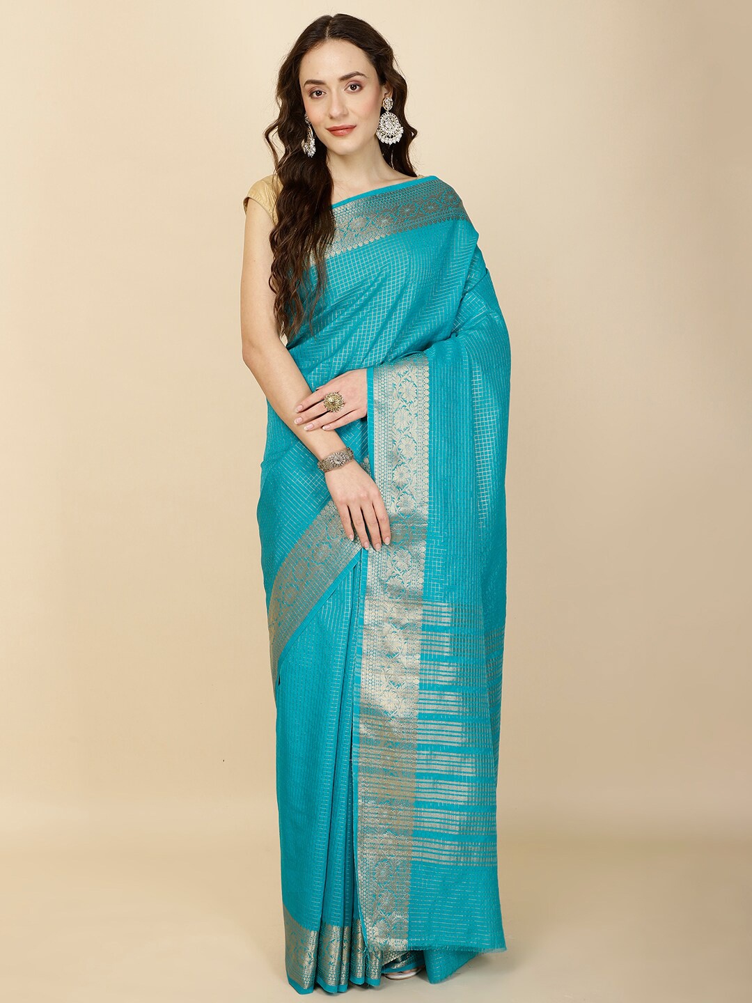 

Meena Bazaar Checked Woven Design Zari Saree, Blue