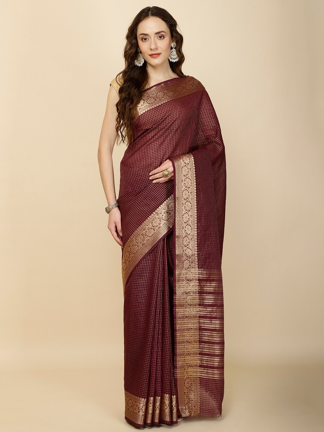 

Meena Bazaar Checked Woven Design Zari Saree, Purple