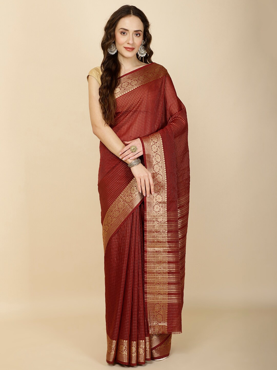 

Meena Bazaar Checked Woven Design Zari Saree, Brown