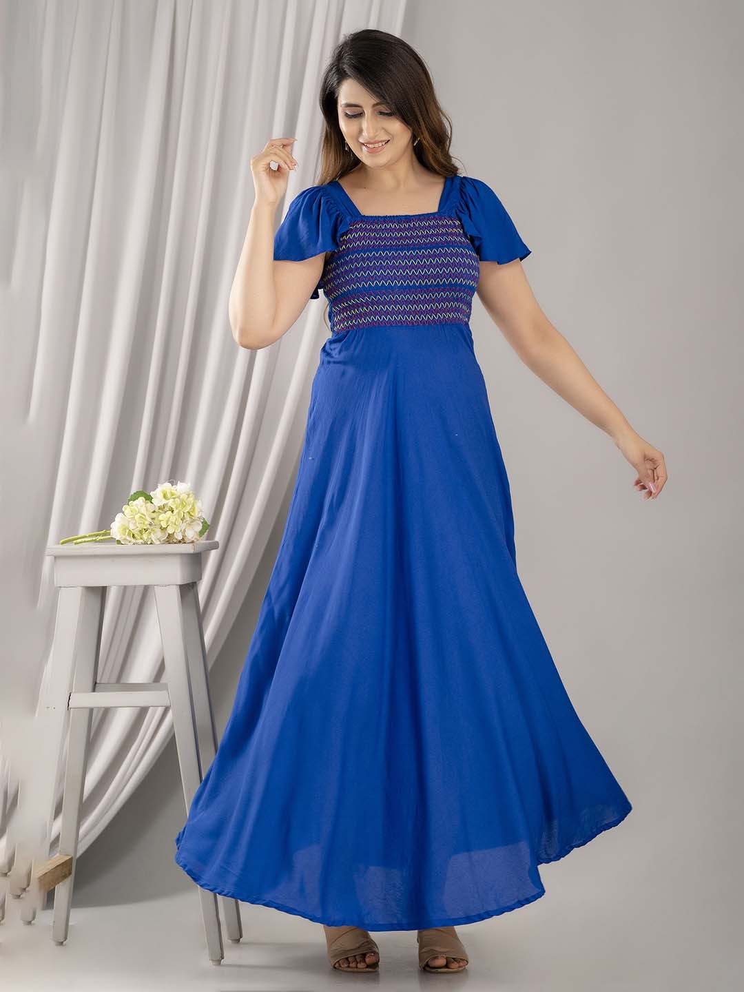 

FrionKandy Smocked Flutter Sleeve Maxi Dress, Blue