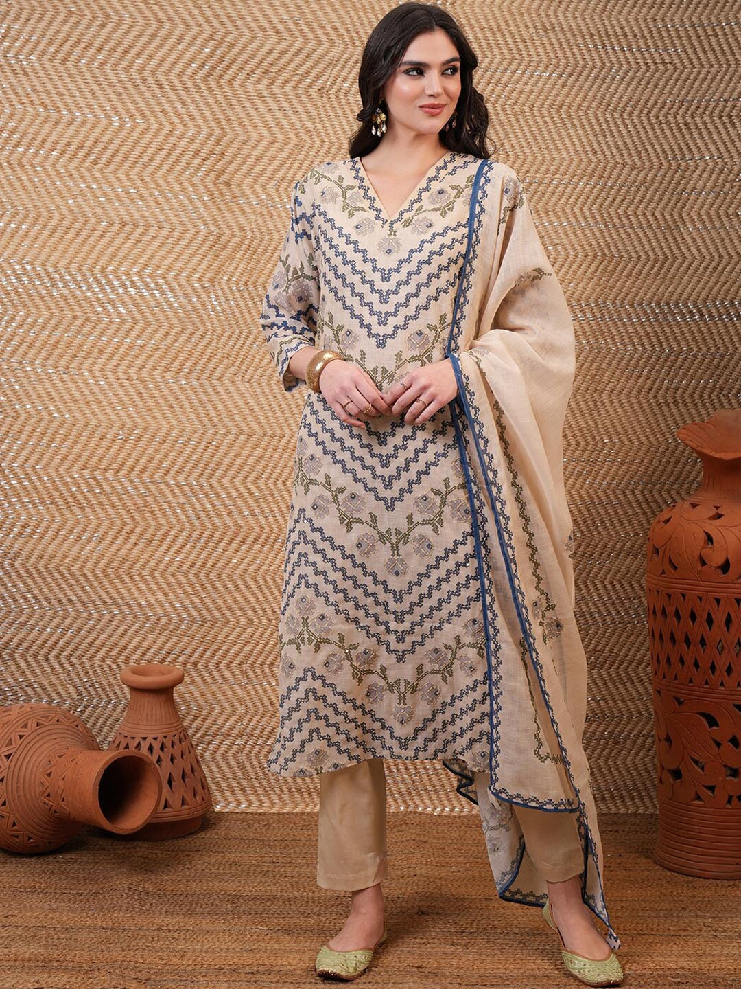 

Vishudh Beige Printed Thread Work Pure Cotton Straight Kurta With Trousers & Dupatta