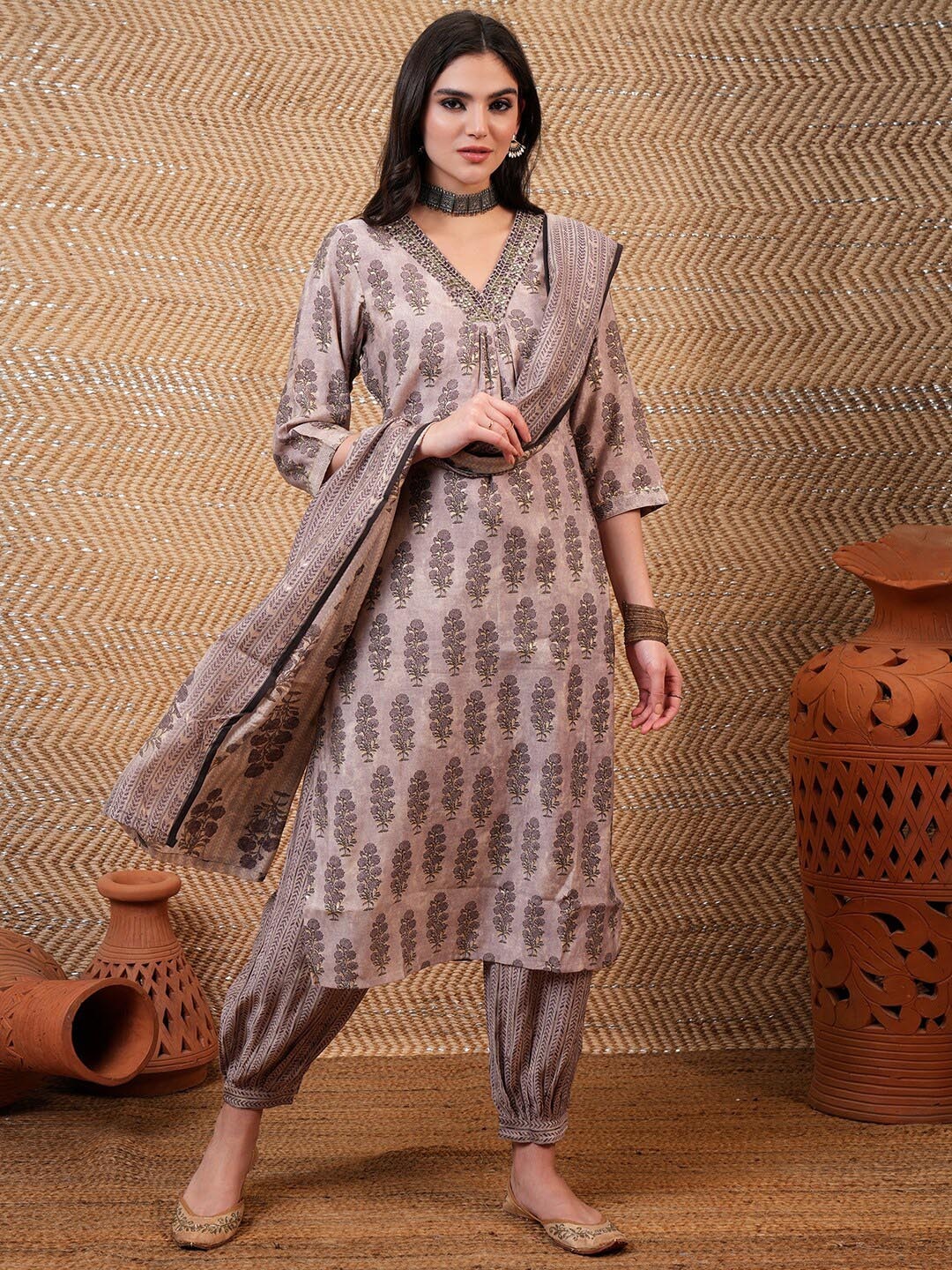 

Vishudh Floral Printed Regular Thread Work Pure Cotton Kurta With Salwar & Dupatta, Rose