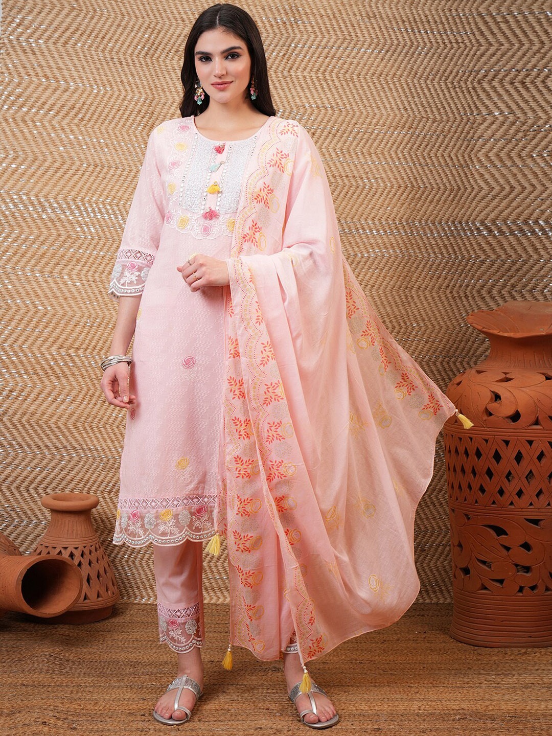 

Vishudh Pink Floral Embroidered Mirror Work Pure Cotton Kurta With Trousers & Dupatta