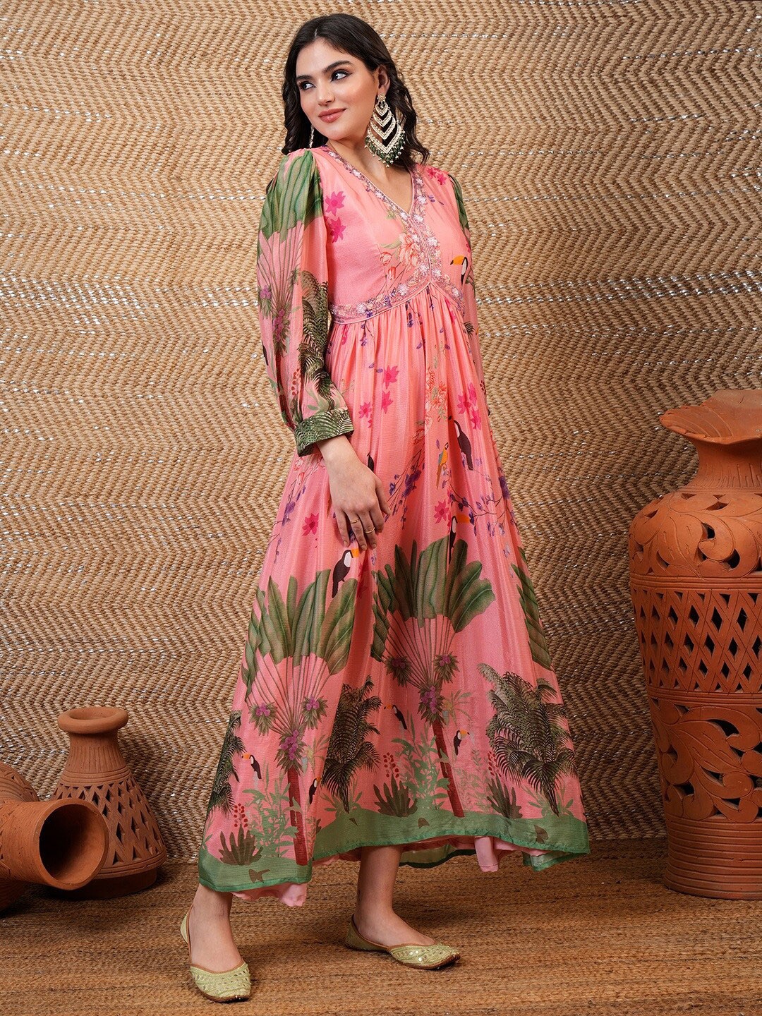 

Vishudh Pink Floral Print Embroidered Fit & Flare Midi Ethnic Dress with Dupatta