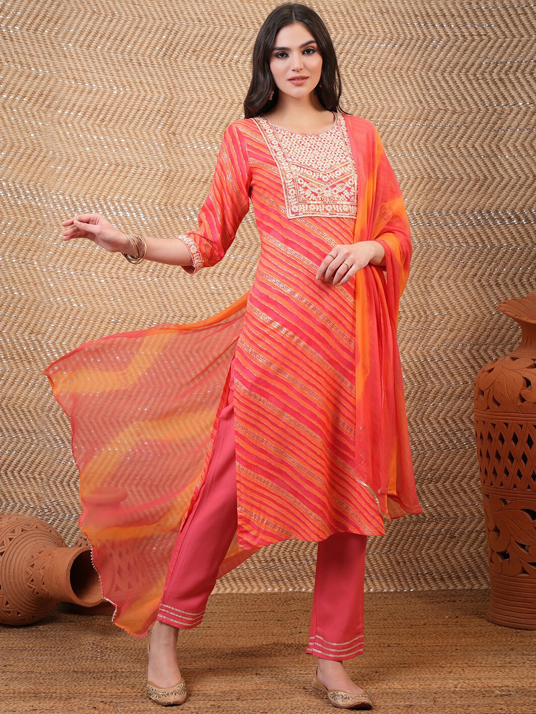 

Vishudh Orange & Pink Striped Thread Work Straight Kurta & Trousers With Dupatta