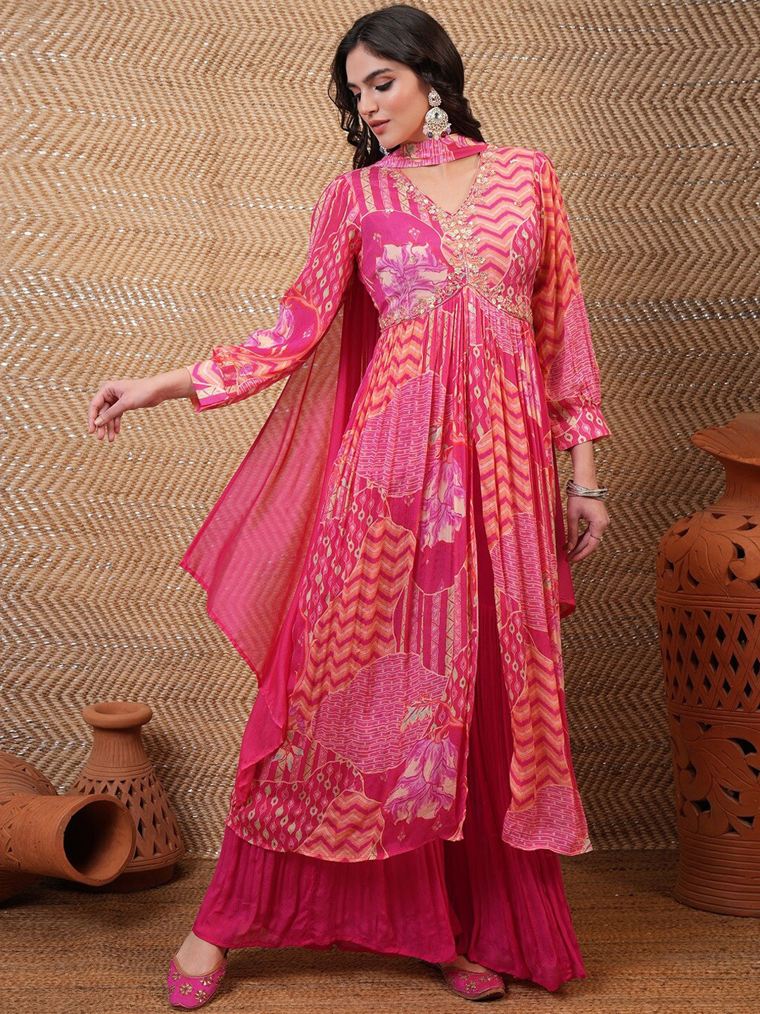 

Vishudh Pink Floral Printed Anarkali Empire Kurta With Sharara & Dupatta