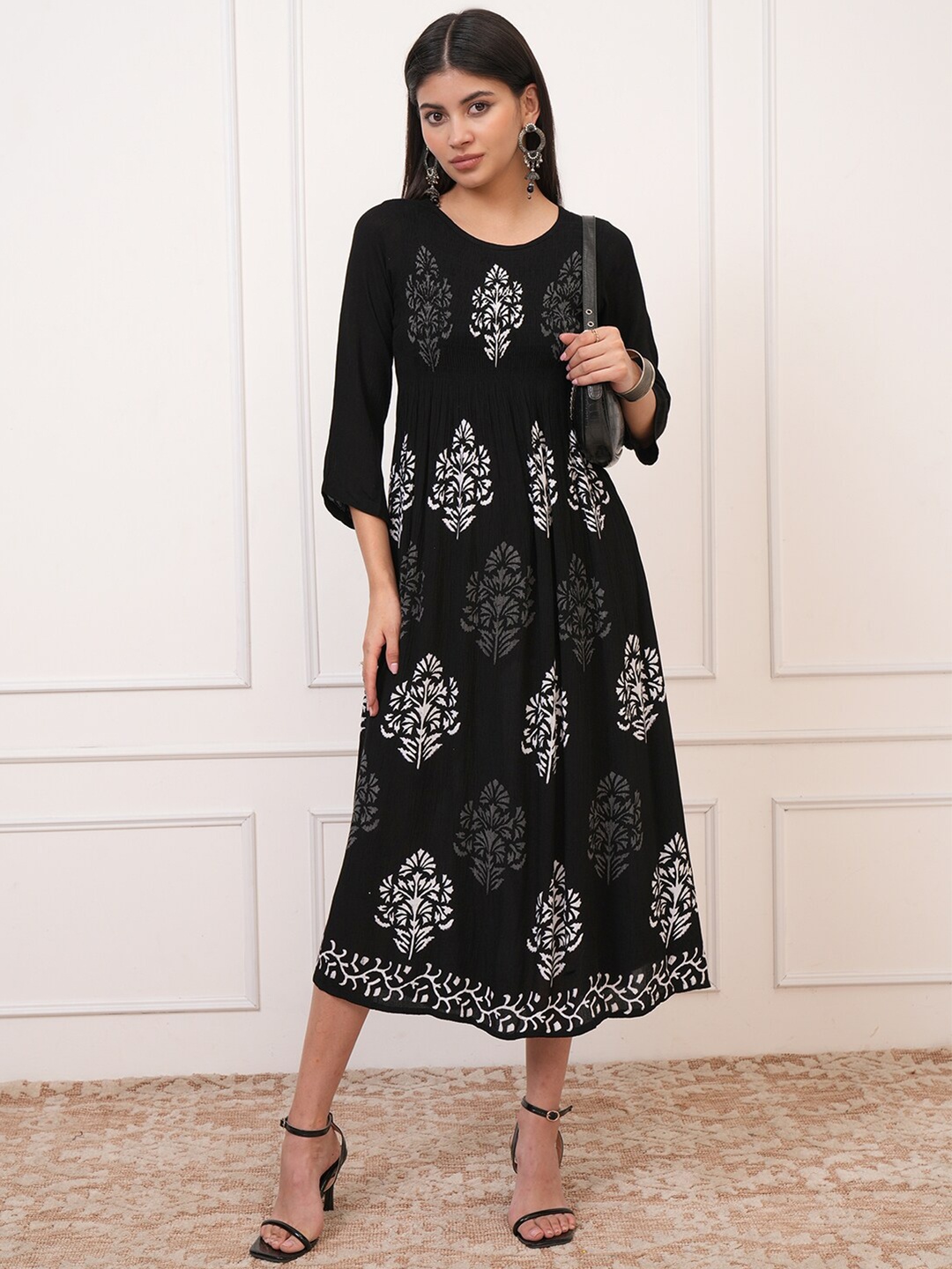 

Vishudh Black Ethnic Motifs Printed A-Line Midi Dress