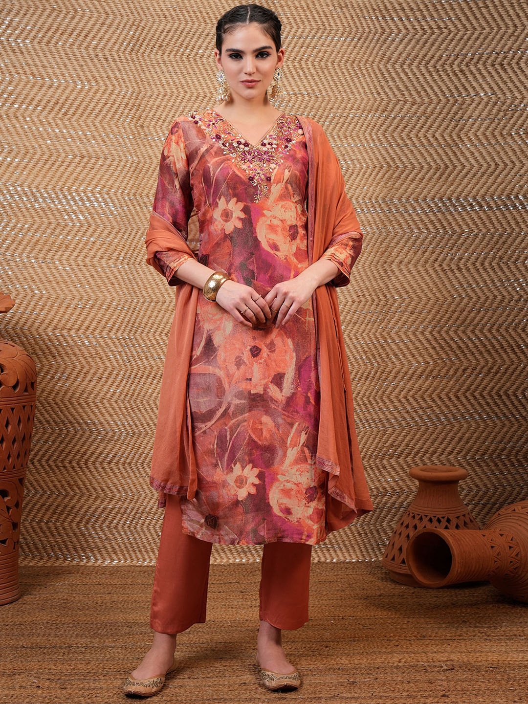 

Vishudh Rust Orange Floral Printed Mirror Work Straight Kurta & Trousers With Dupatta