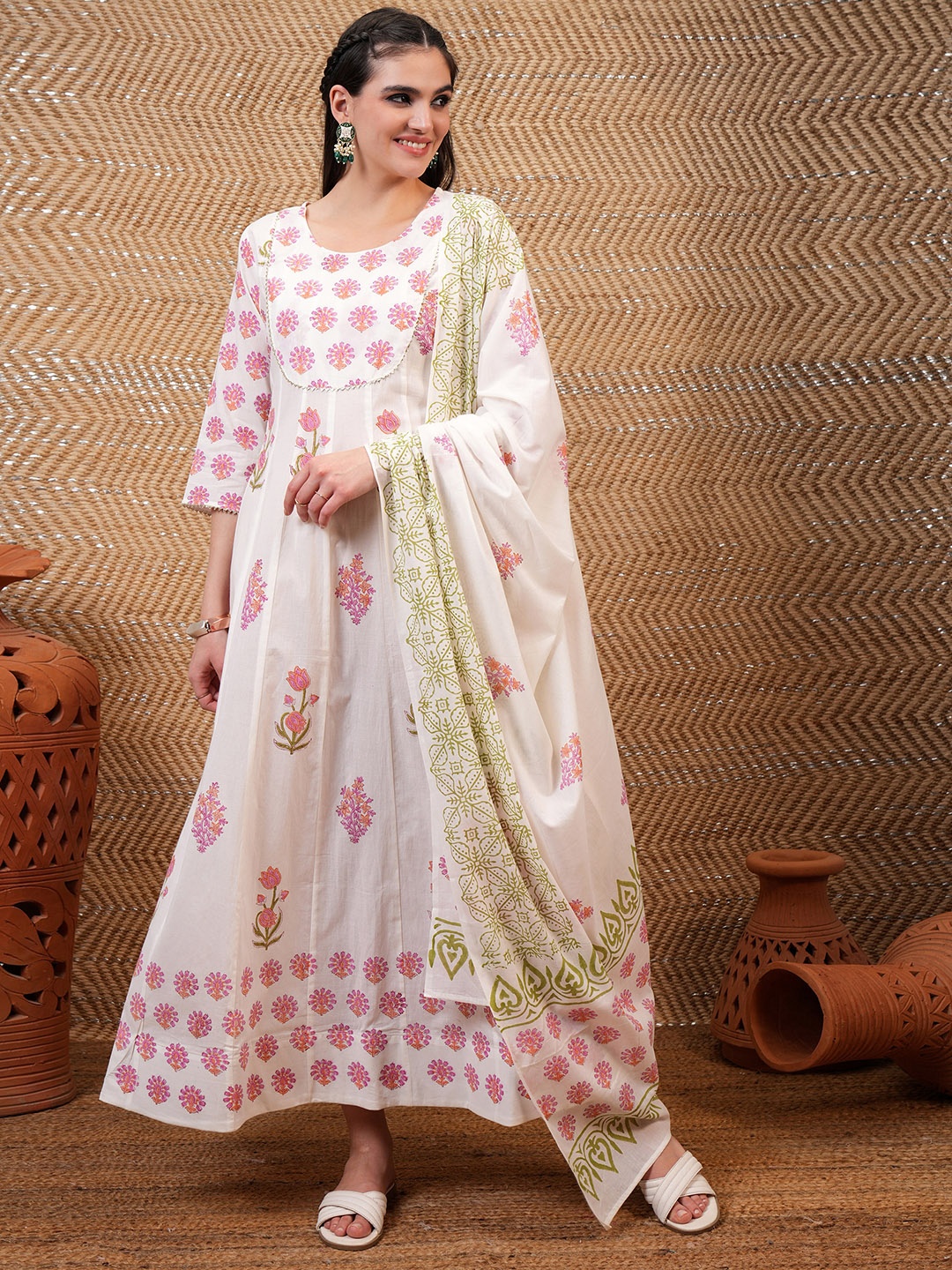 

Vishudh White & Pink Ethnic Motifs Printed Cotton Ethnic Dress With Dupatta