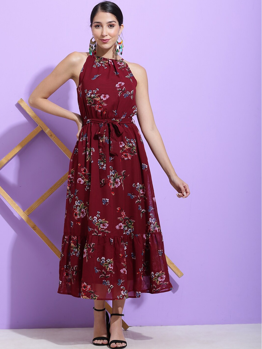 

SQew Floral Printed Georgette Maxi Midi Dress, Maroon