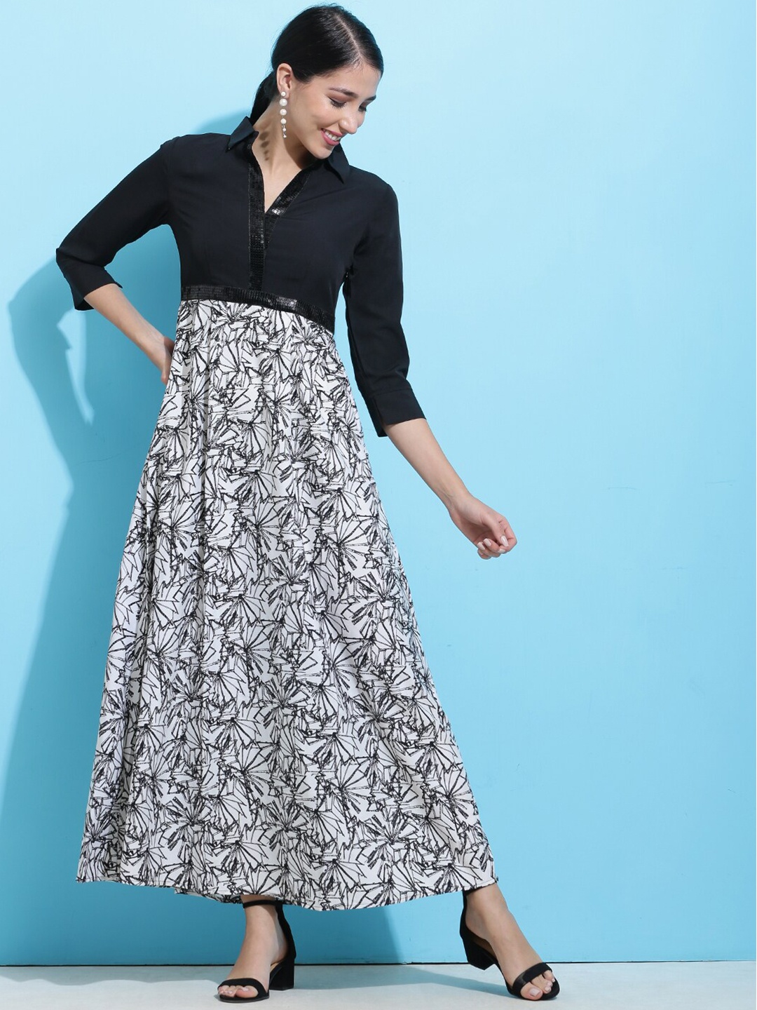 

SQew Abstract Printed Shirt Collar Maxi Dress, Black