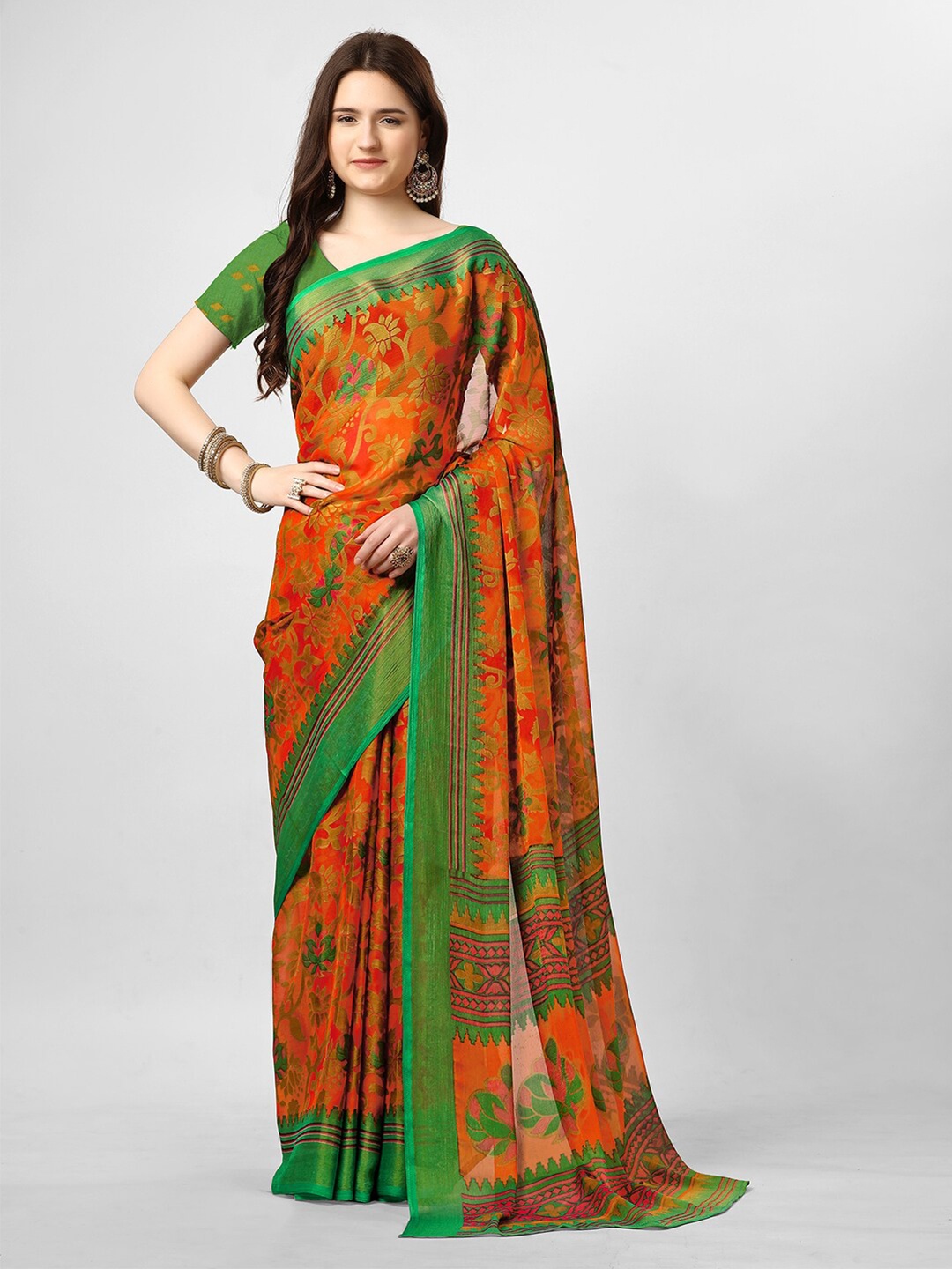 

VIRICA Floral Zari Printed Georgette Saree, Orange