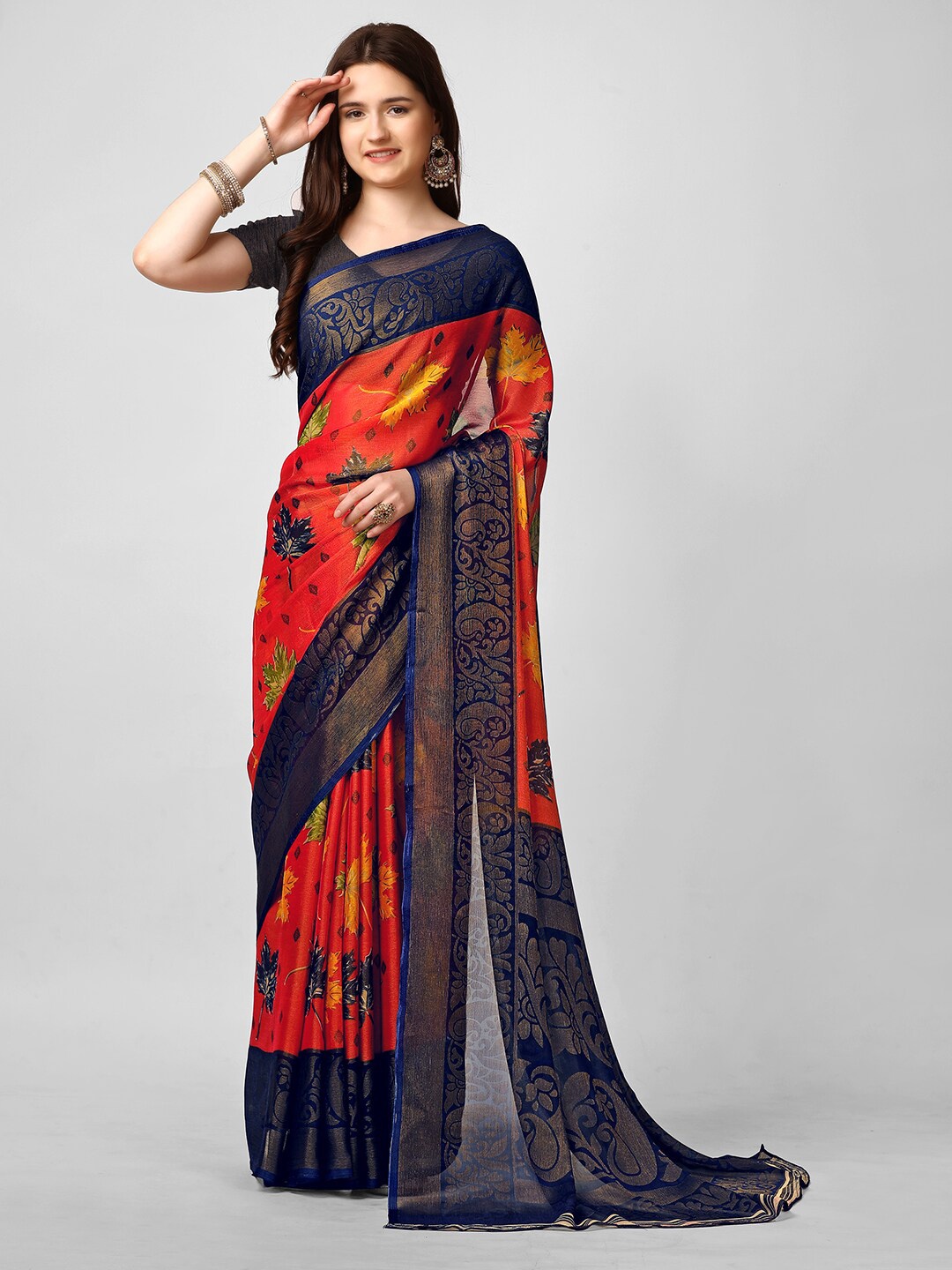 

VIRICA Floral Zari Printed Georgette Saree, Orange