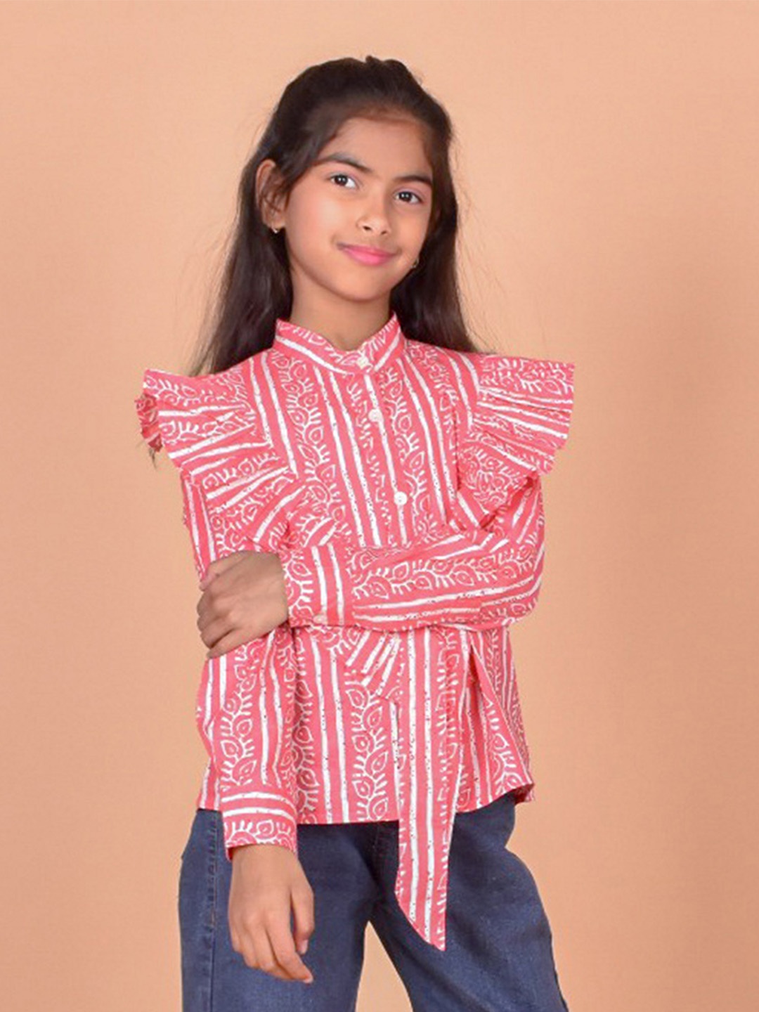 

BAESD Girls Relaxed Striped Mandarin Collar Sul Sleeves Ruffles Casual Shirt, Pink