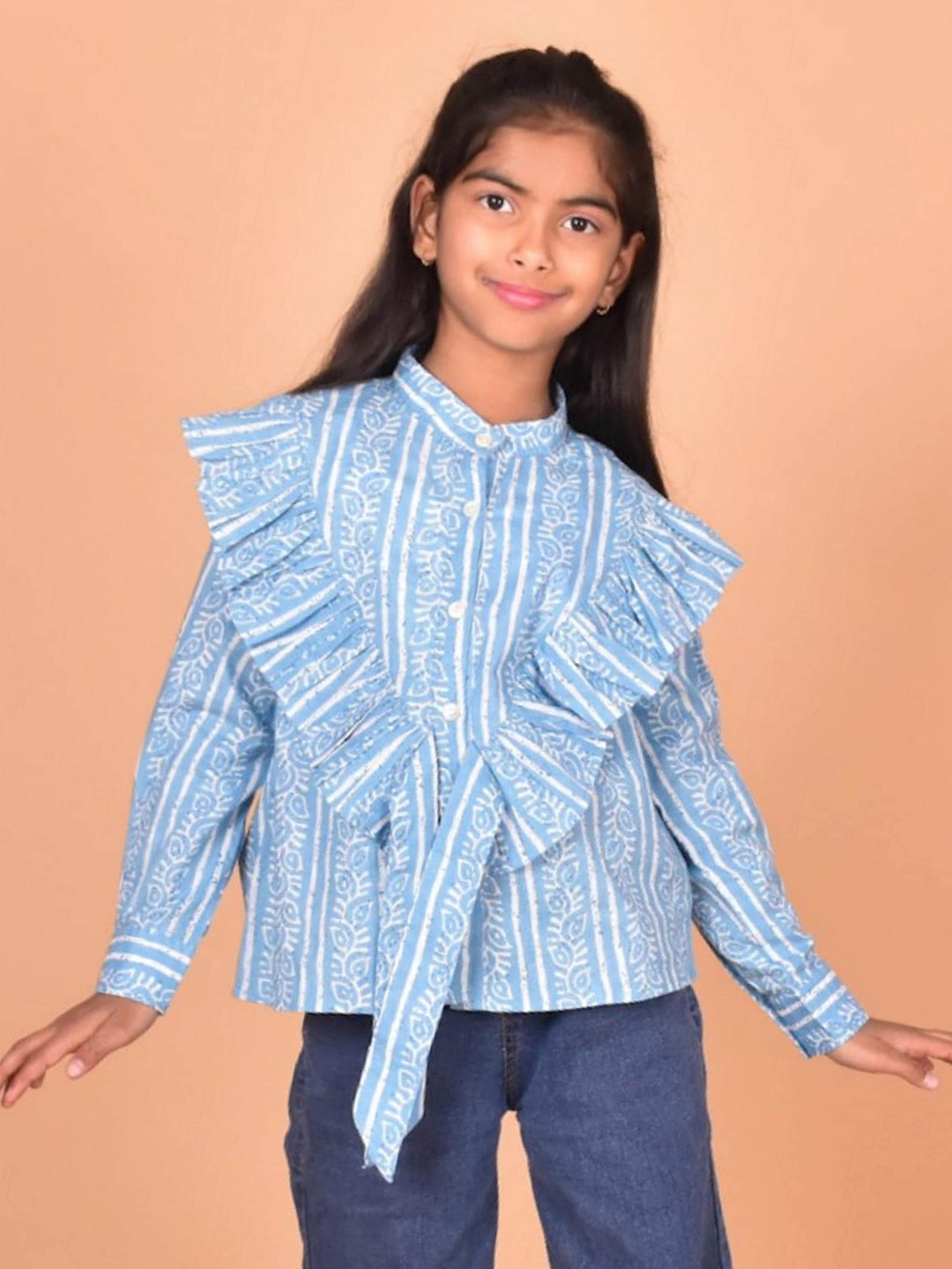 

BAESD Girls Relaxed Striped Mandarin Collar Sul Sleeves Ruffles Casual Shirt, Blue