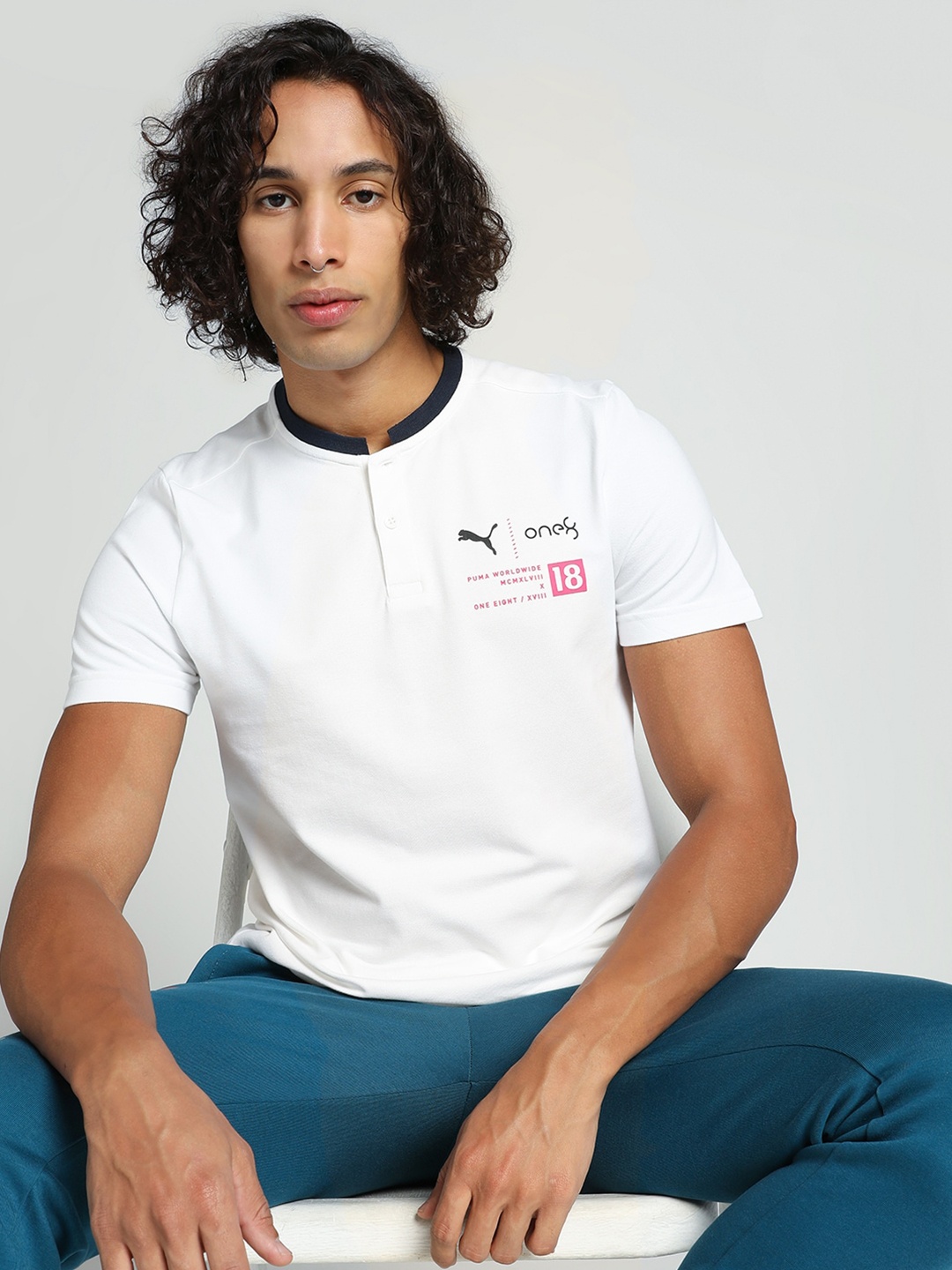 

one8 x PUMA Typography Mandarin Collar Short Sleeves Cotton Slim Fit T-shirt, White