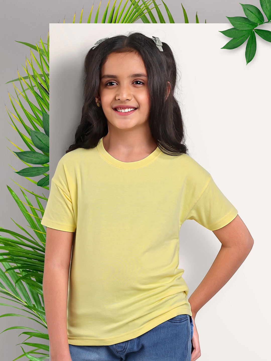 

ARIAS By LARA DUTTA Girls Round Neck Drop-Shoulder Sleeves Casual T-shirt, Yellow