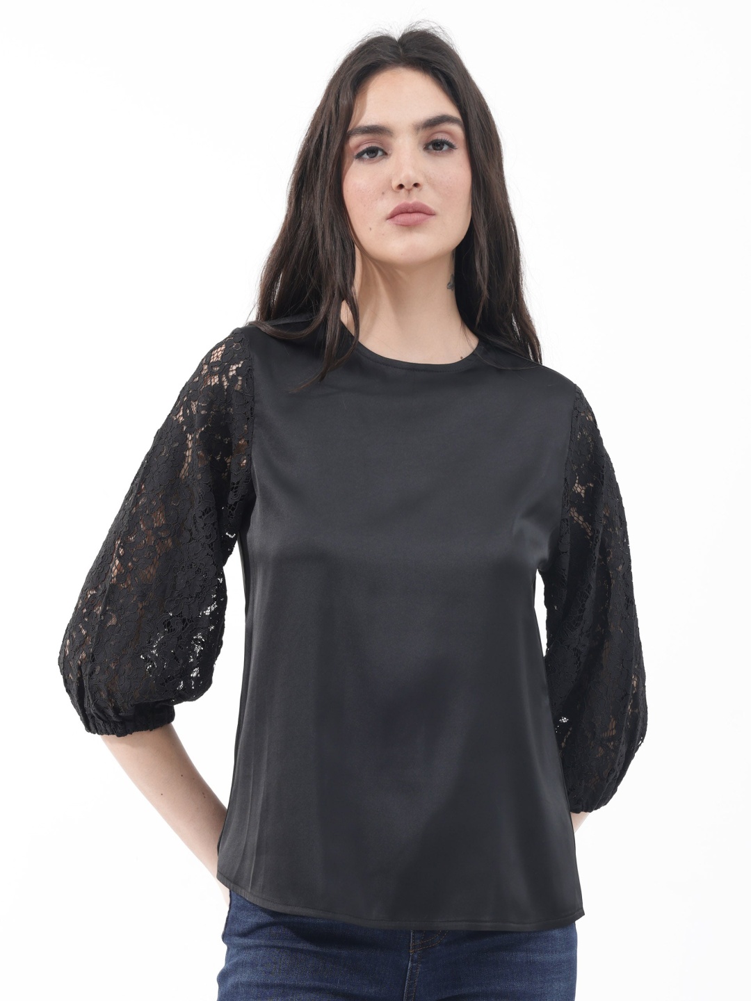 

RAREISM Puff Sleeve Lace Inserts detail Top, Black