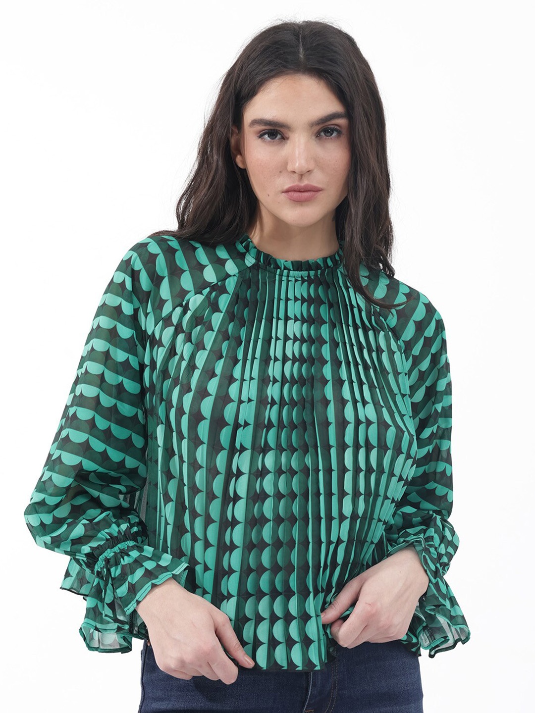 

RAREISM Abstract Print Puff Sleeves Blouson Top, Black