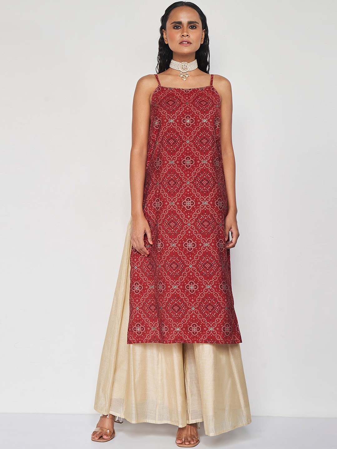 

Global Desi Geometric Shoulder Straps Anarkali Kurta, Red