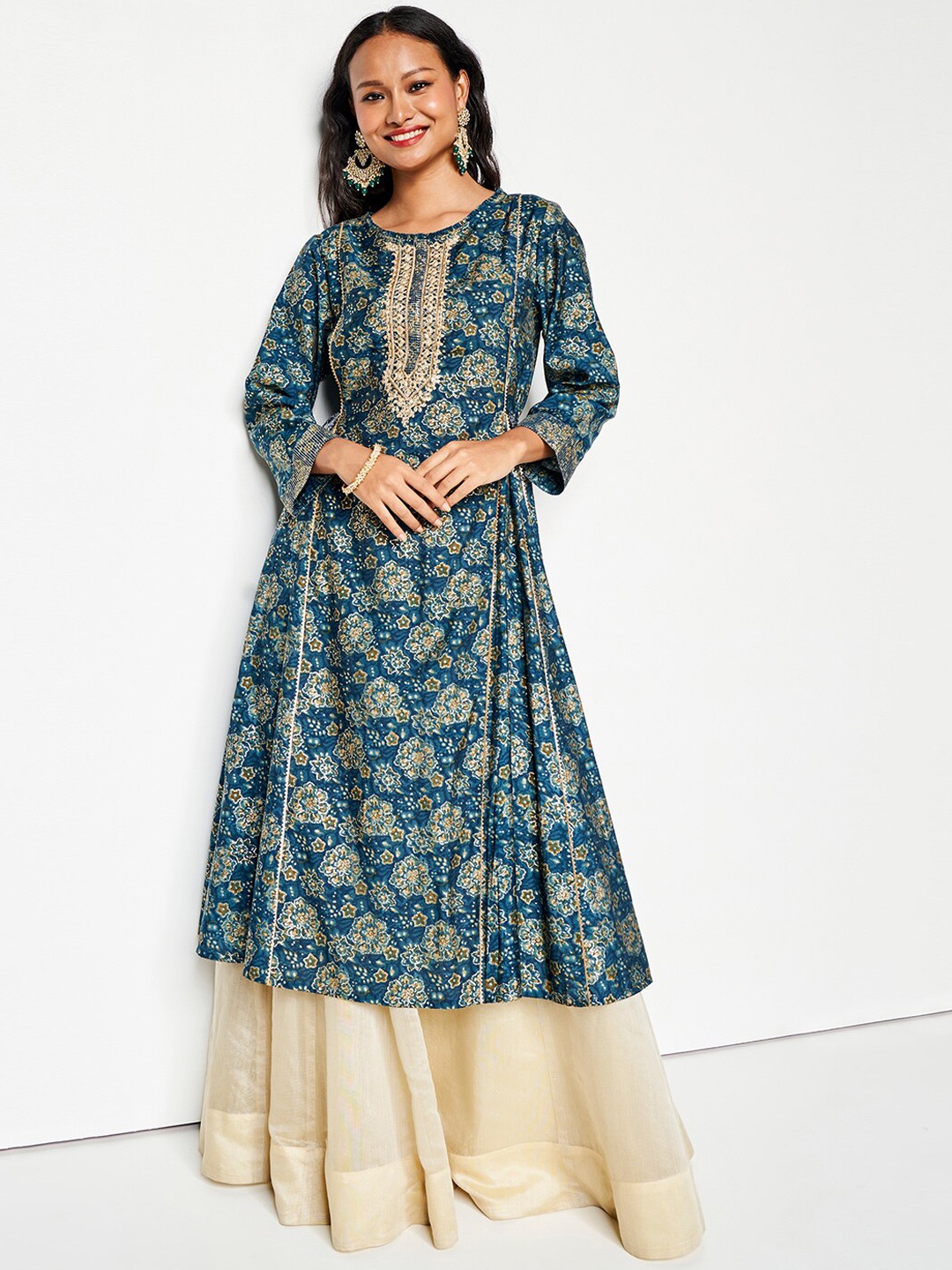 

Global Desi Ethnic Motifs Printed Mirror Work Pleated Anarkali Kurta, Teal