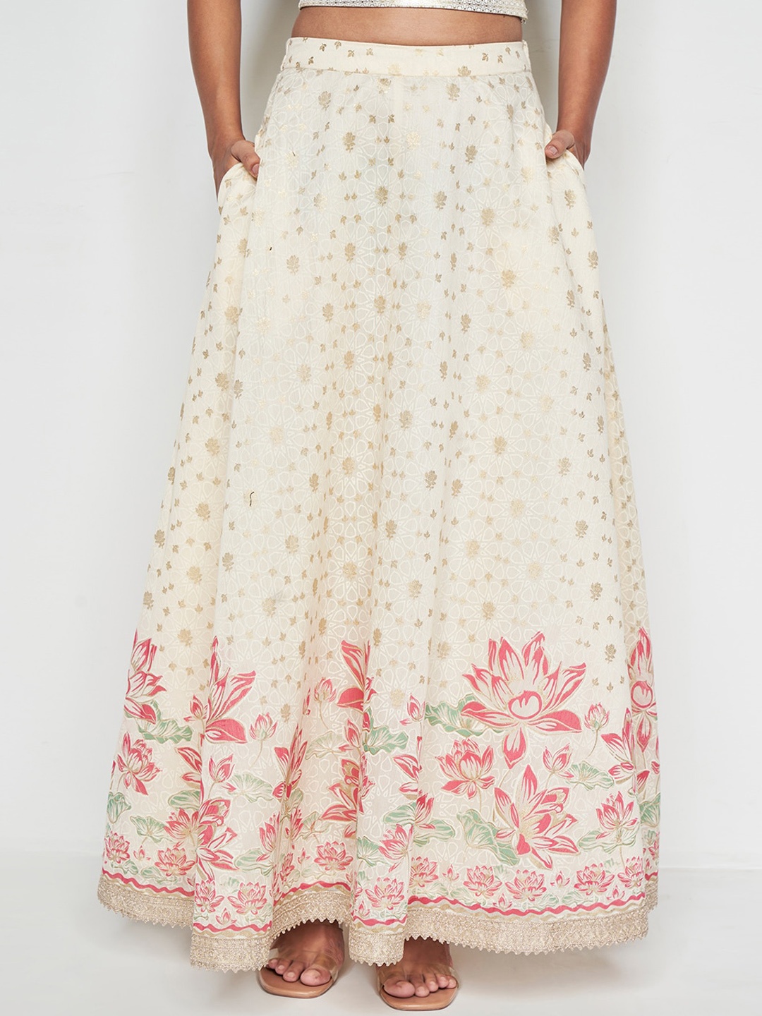 

Global Desi Floral Printed Flared Maxi Skirt, Off white