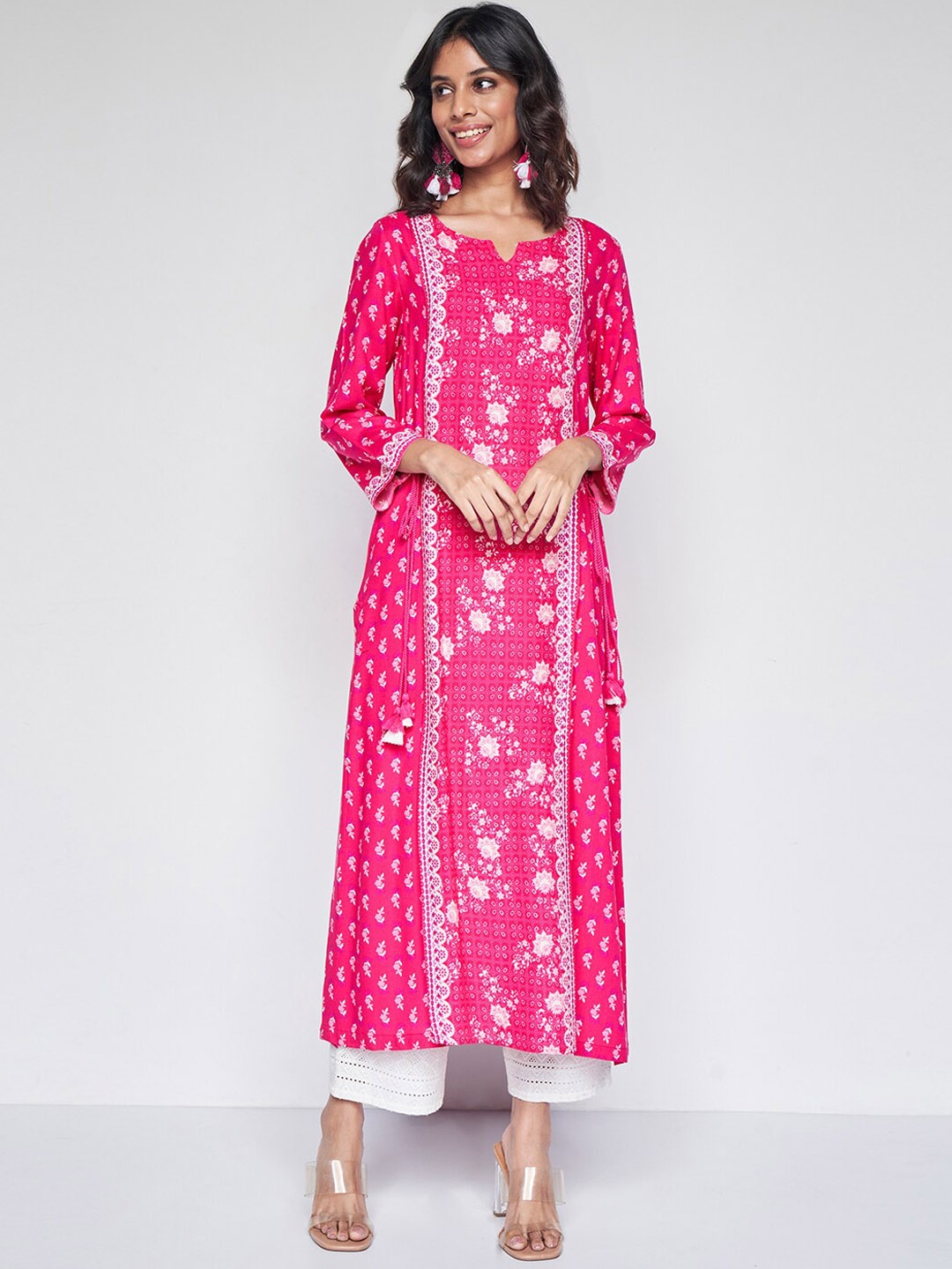 

Global Desi Floral Printed Notch Neck Gotta Patti Anarkali Kurta, Pink