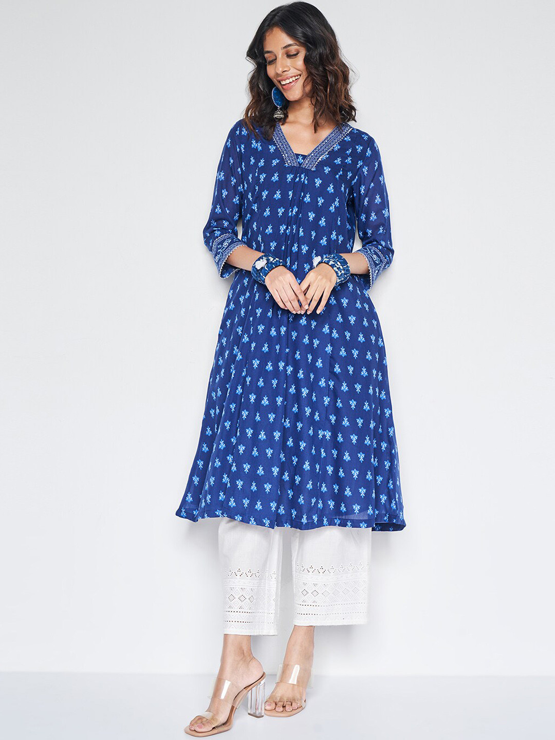 

Global Desi Floral Printed Gotta Patti A-Line Kurta, Blue