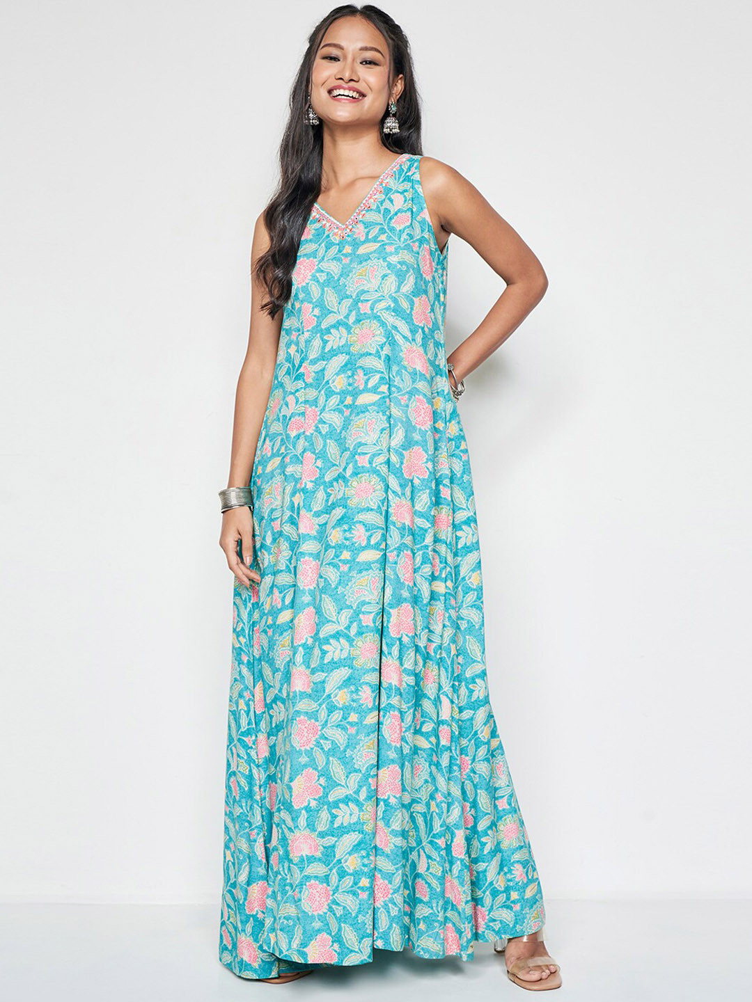 

Global Desi Floral Printed Sleeveless Maxi Ethnic Dress, Blue