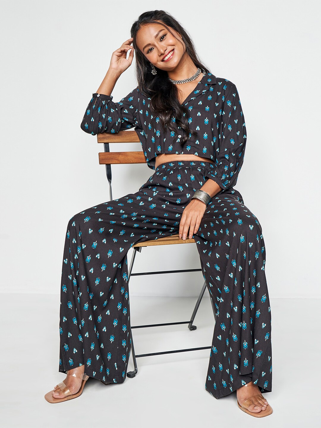 

Global Desi Printed Top With Trousers Co-Ords, Black