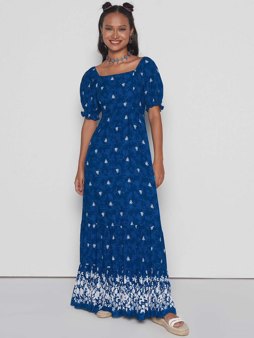 

Global Desi Floral Printed Square Neck Puff Sleeves Gathered Smocked Maxi Ethnic Dress, Navy blue