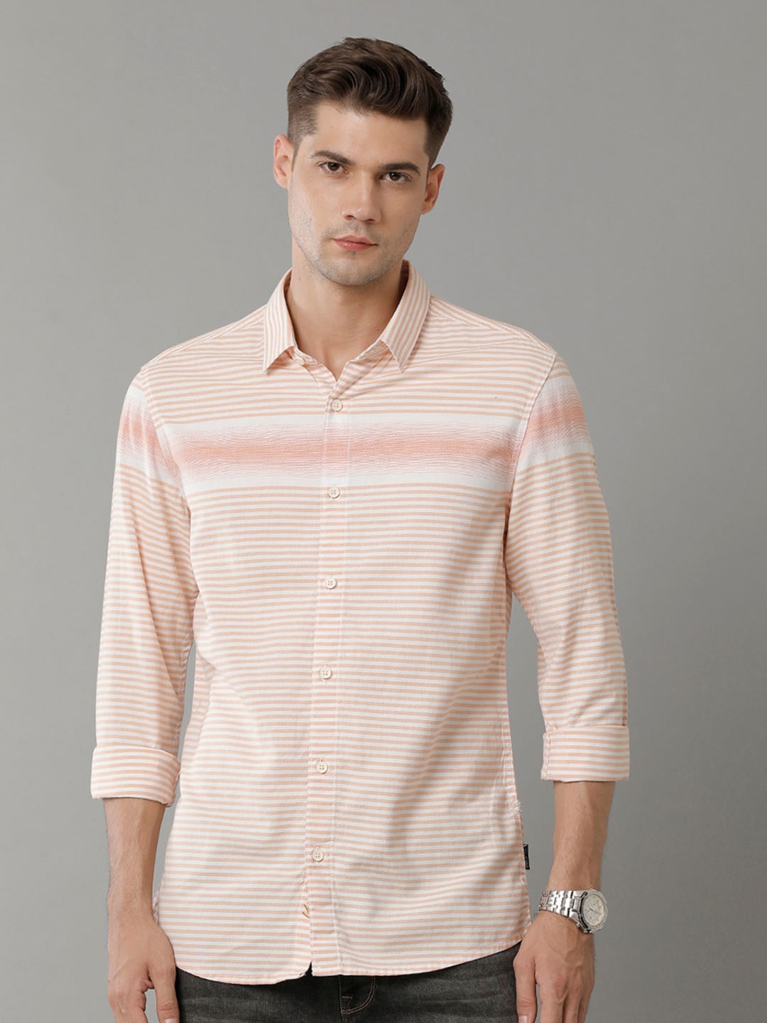 

Voi Jeans Comfort Slim Fit Horizontal Stripes Opaque Cotton Casual Shirt, Red
