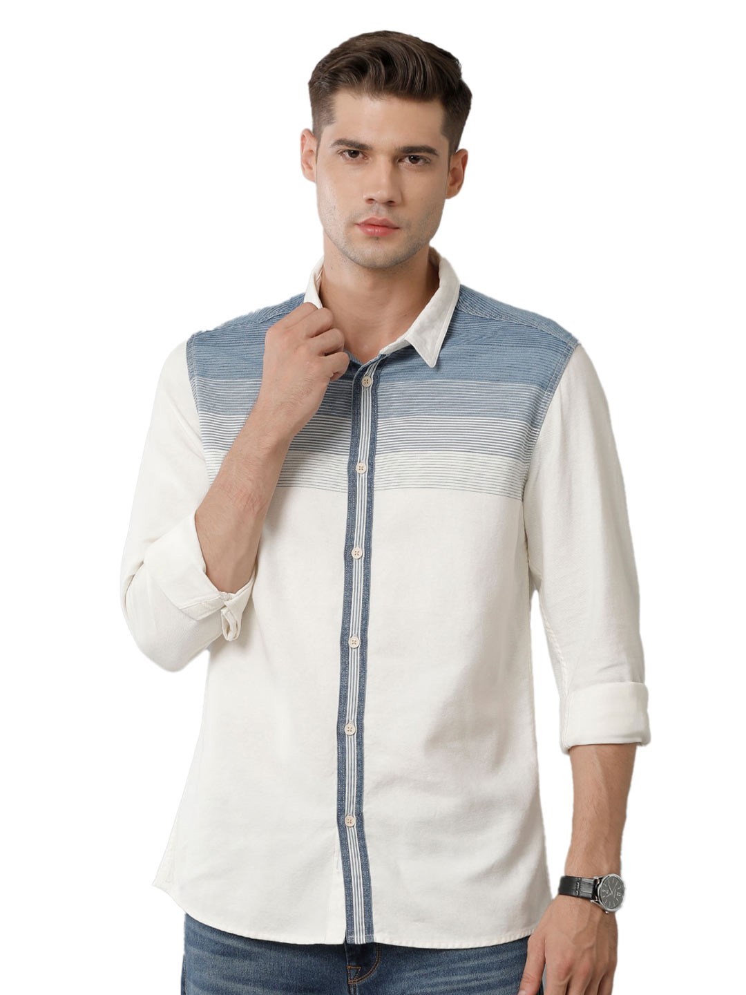 

Voi Jeans Comfort Slim Fit Colourblocked Opaque Cotton Casual Shirt, Blue
