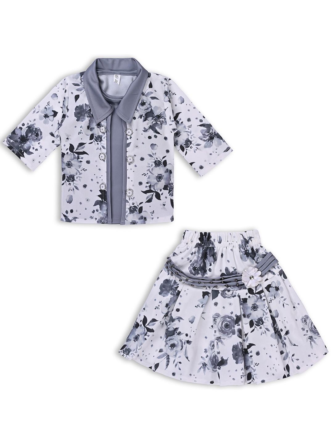 

Wish Karo Girls Printed T-shirt Attached Shirt with Skirt, Grey