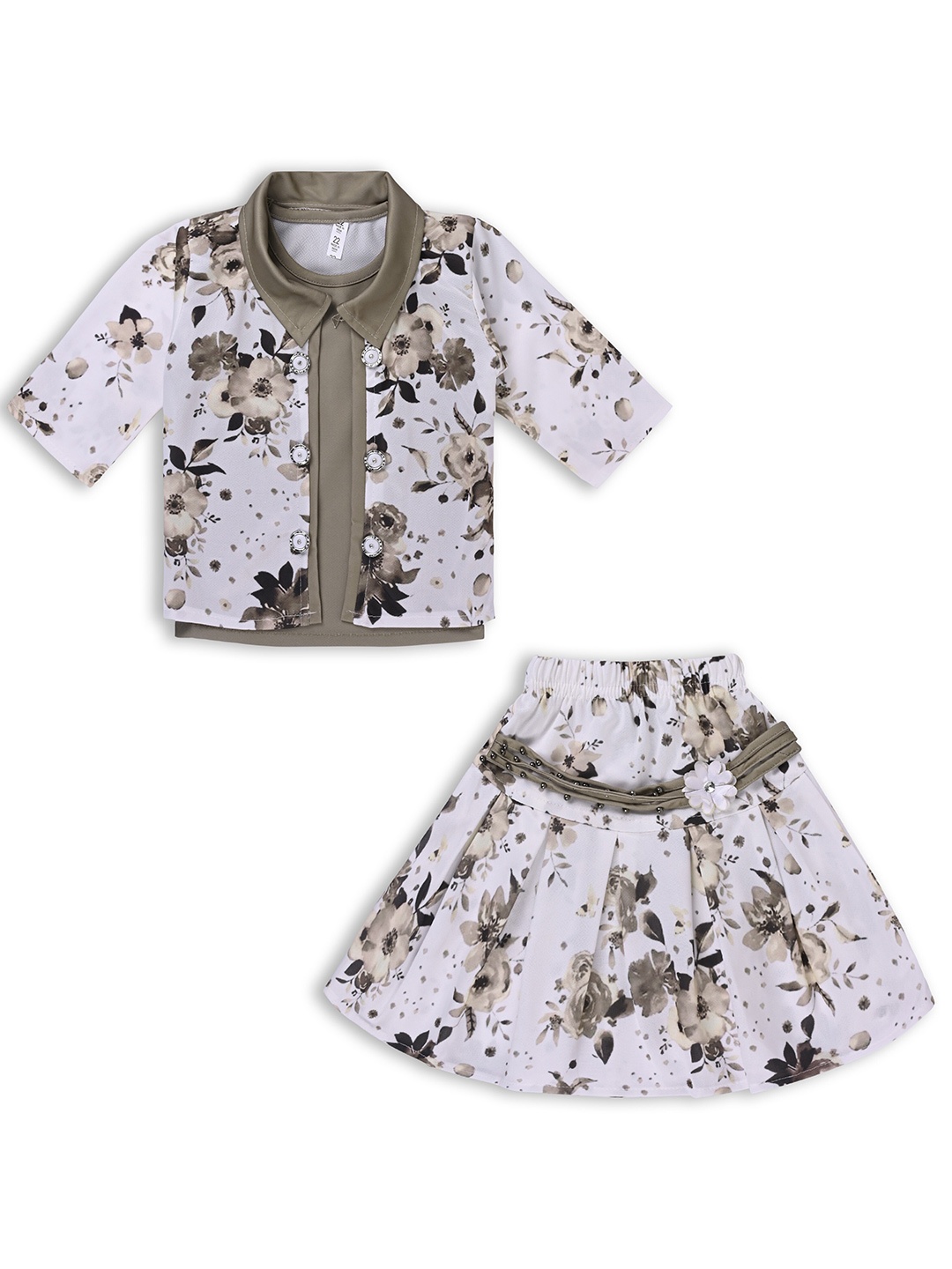 

Wish Karo Girls Printed Satin T-shirt And Shirt With Skirt, Green