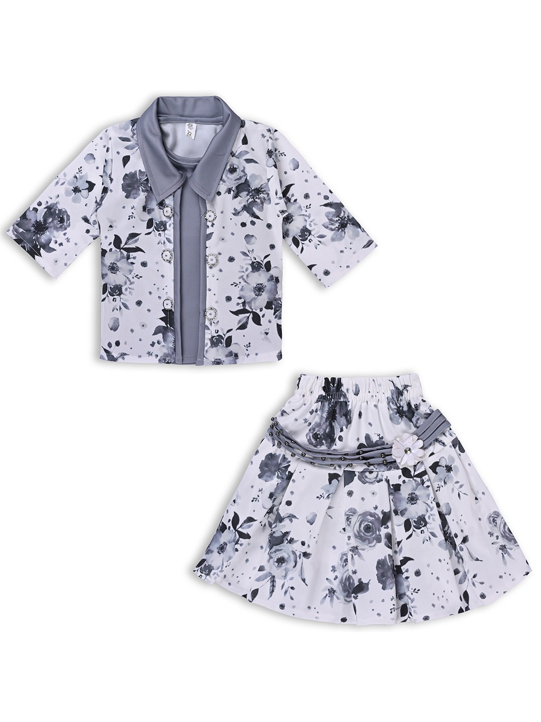 

Wish Karo Girls Floral Printed Top & Skirt With waistcoat, White