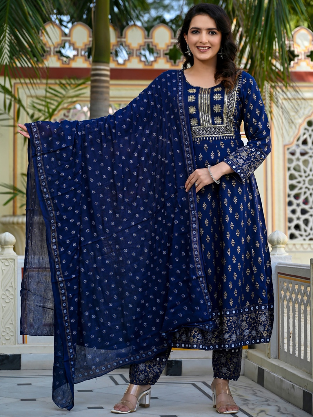 

D K W Floral Printed Regular Sequinned Anarkali Kurta With Trousers & Dupatta, Navy blue