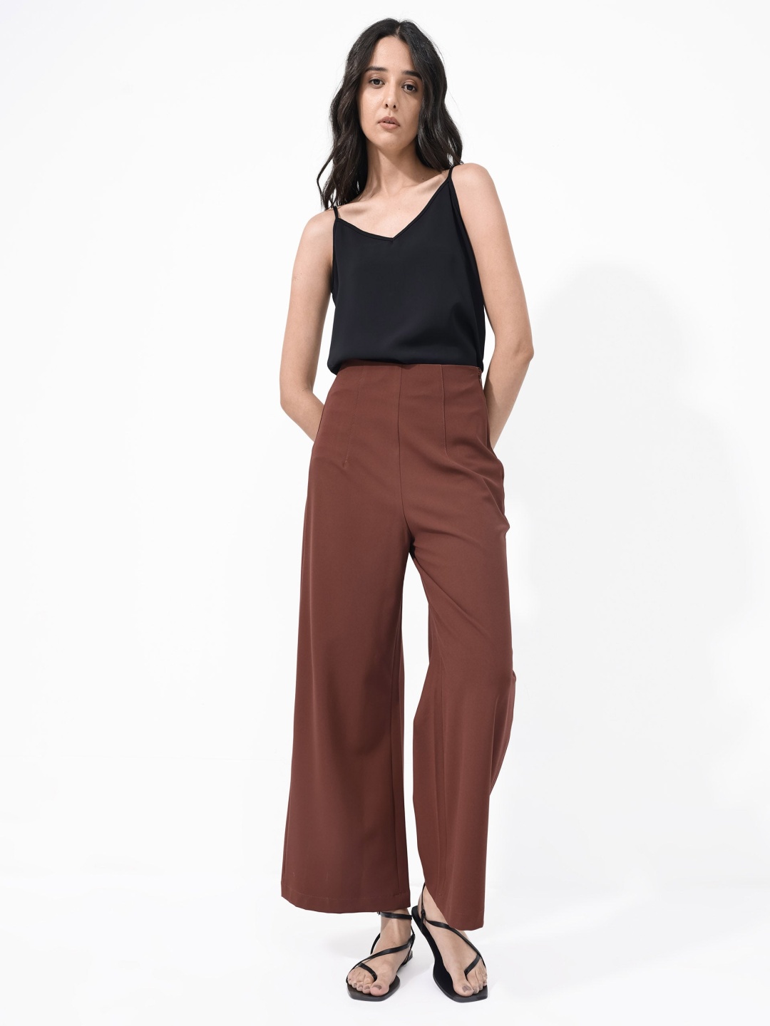 

RAREISM Women Flared High-Rise Parallel Cotton Trousers, Rust