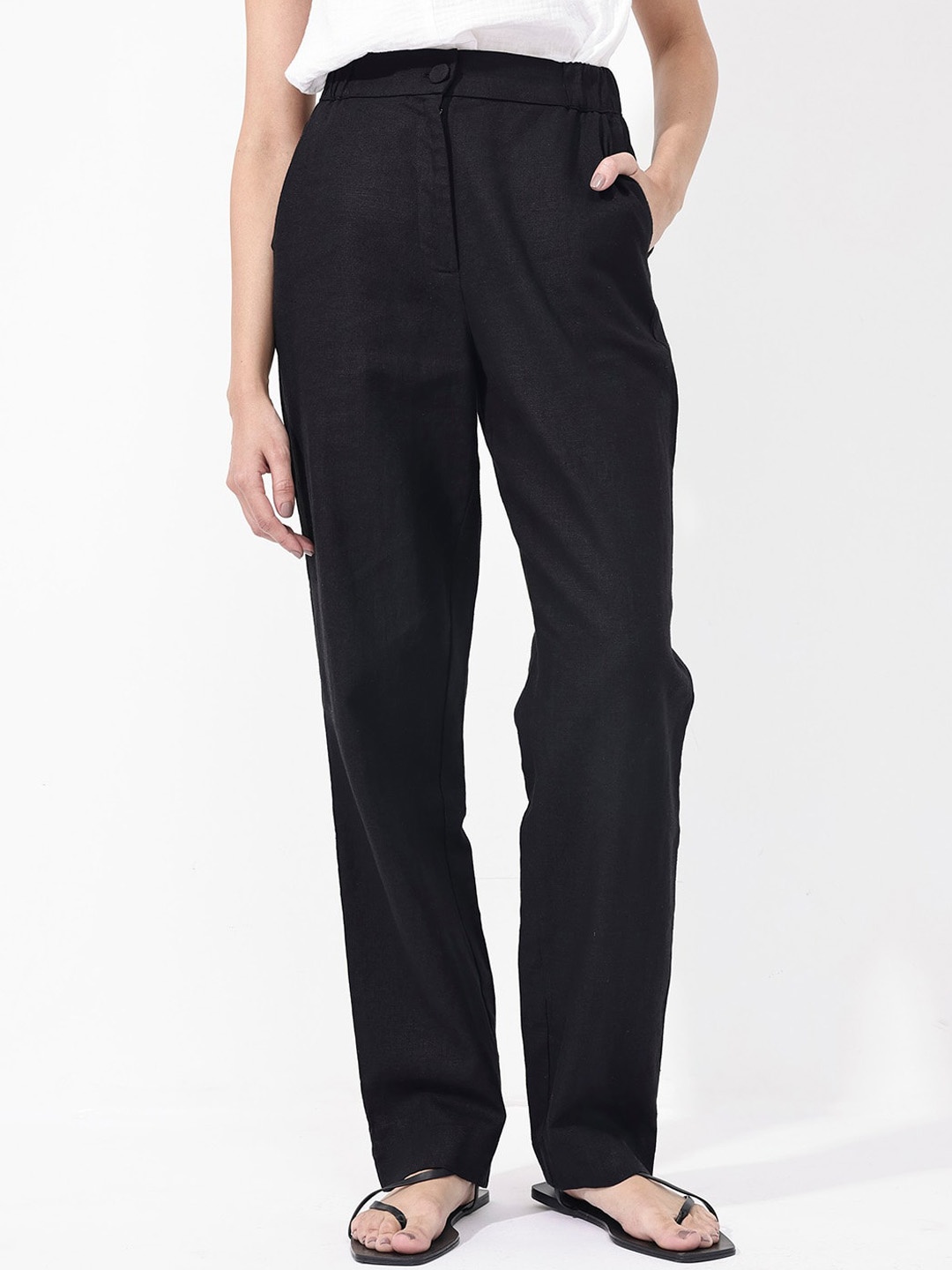 

RAREISM Women Regular Fit High-Rise Linen Trousers, Black