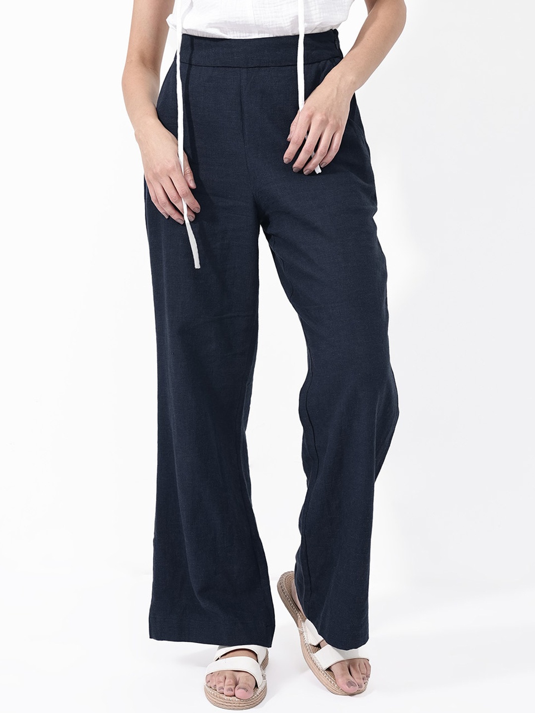 

RAREISM Women Regular Fit High-Rise Linen Trousers, Navy blue