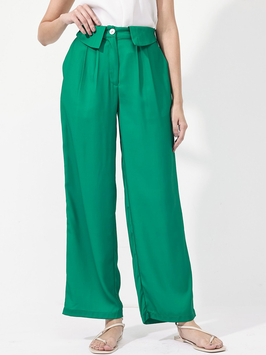

RAREISM Women Regular Fit High-Rise Pleated Trousers, Green