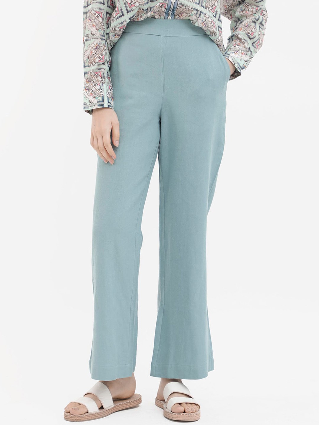 

RAREISM Women Regular Fit High-Rise Linen Trousers, Blue