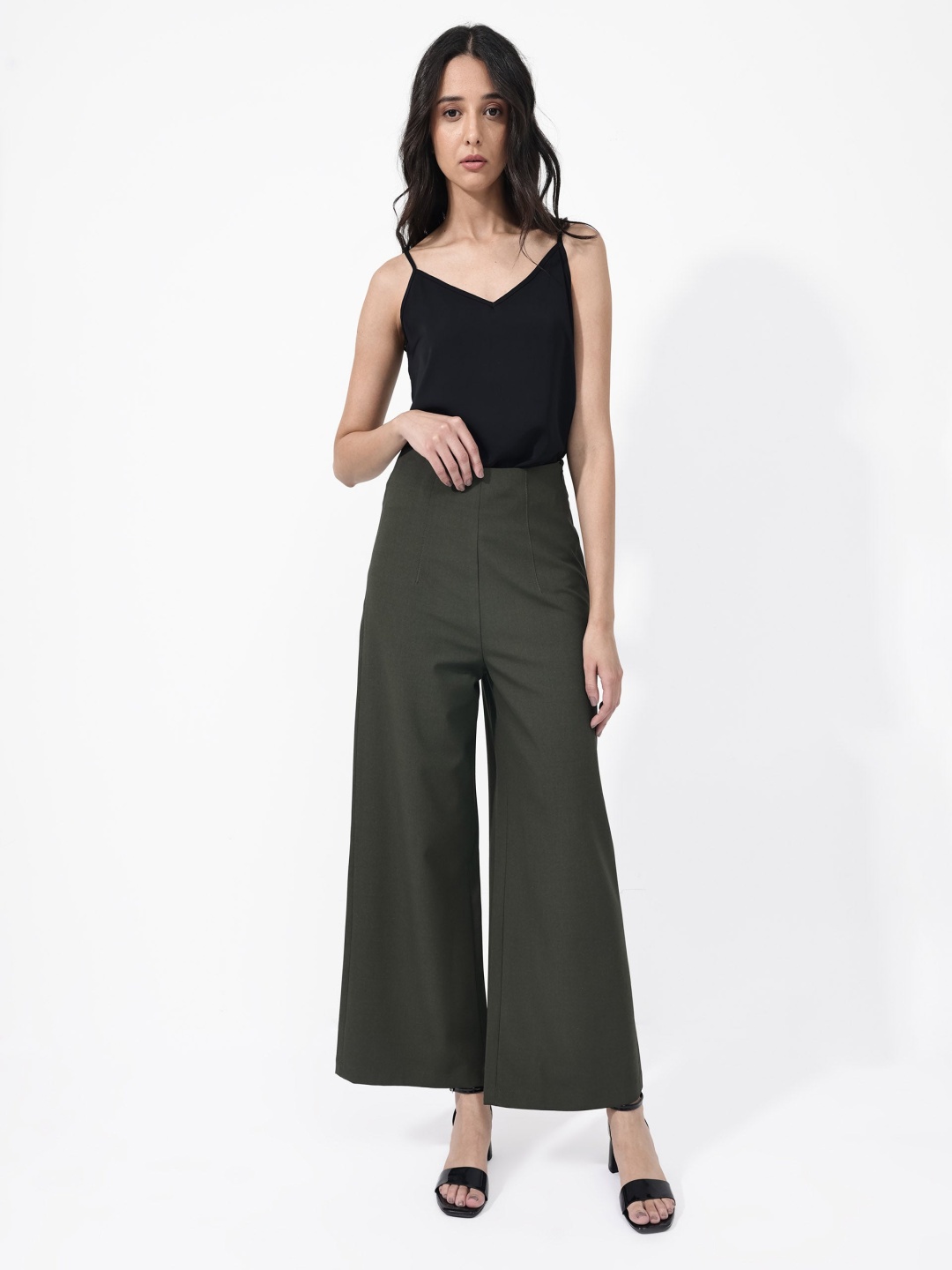 

RAREISM Women Flared High-Rise Cotton Trousers, Green