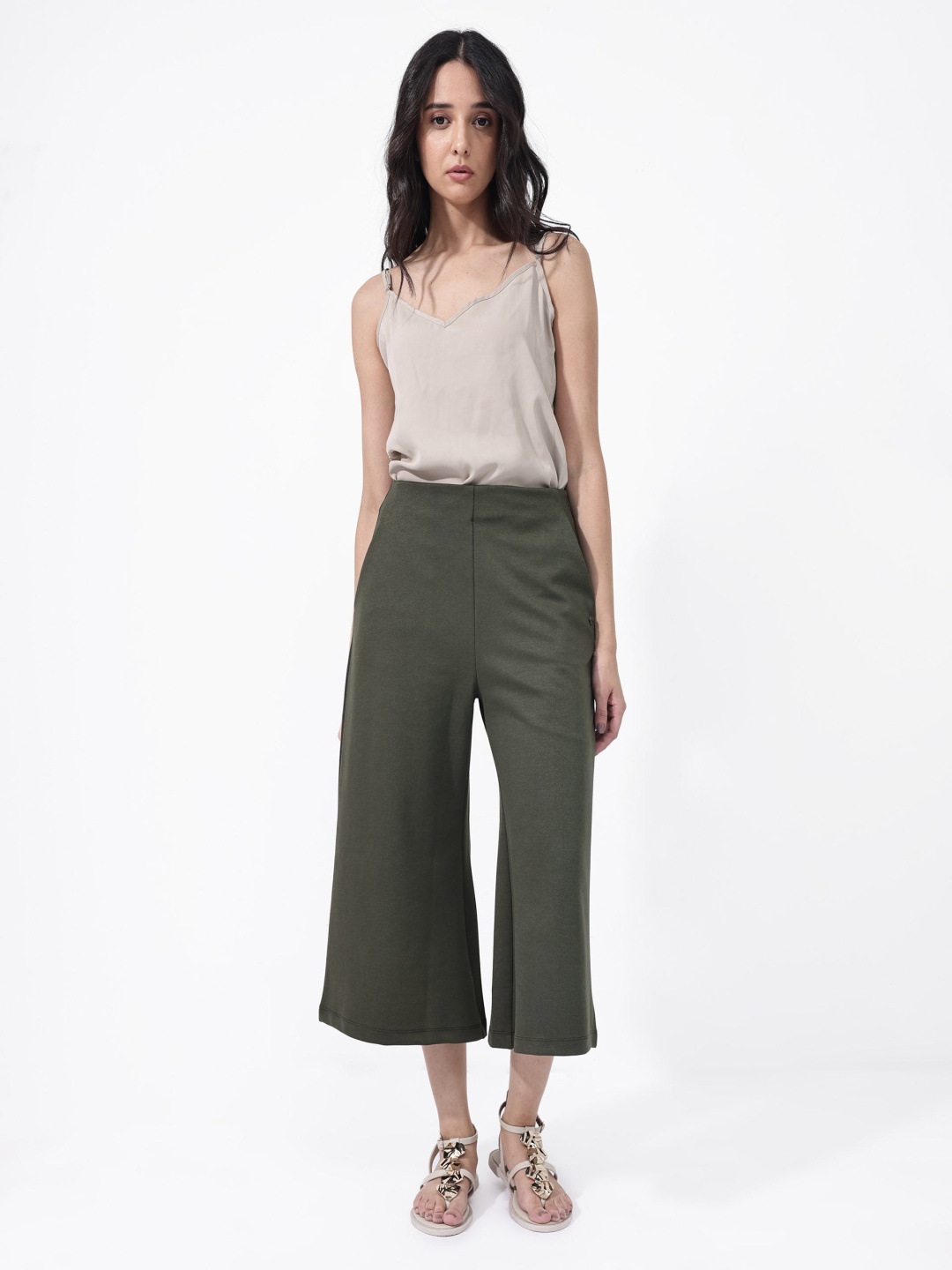 

RAREISM Women Flared High-Rise Culottes Trousers, Green