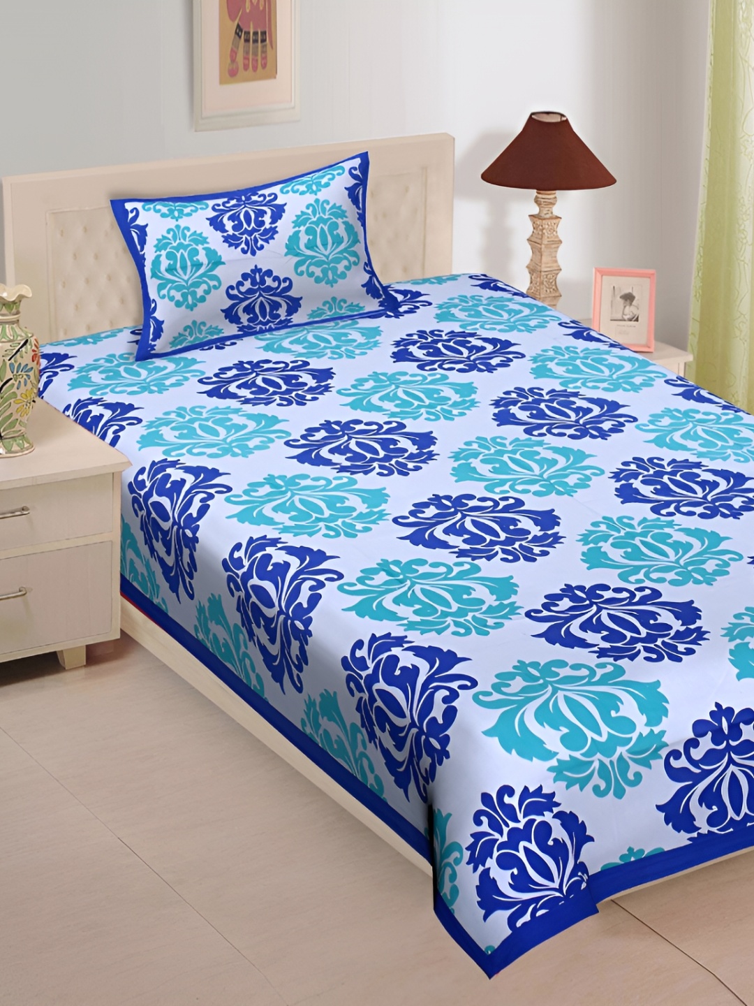 

UNIBLISS Blue & Green Floral Printed Cotton 144 TC Single Bedsheet With 1 Pillow Cover