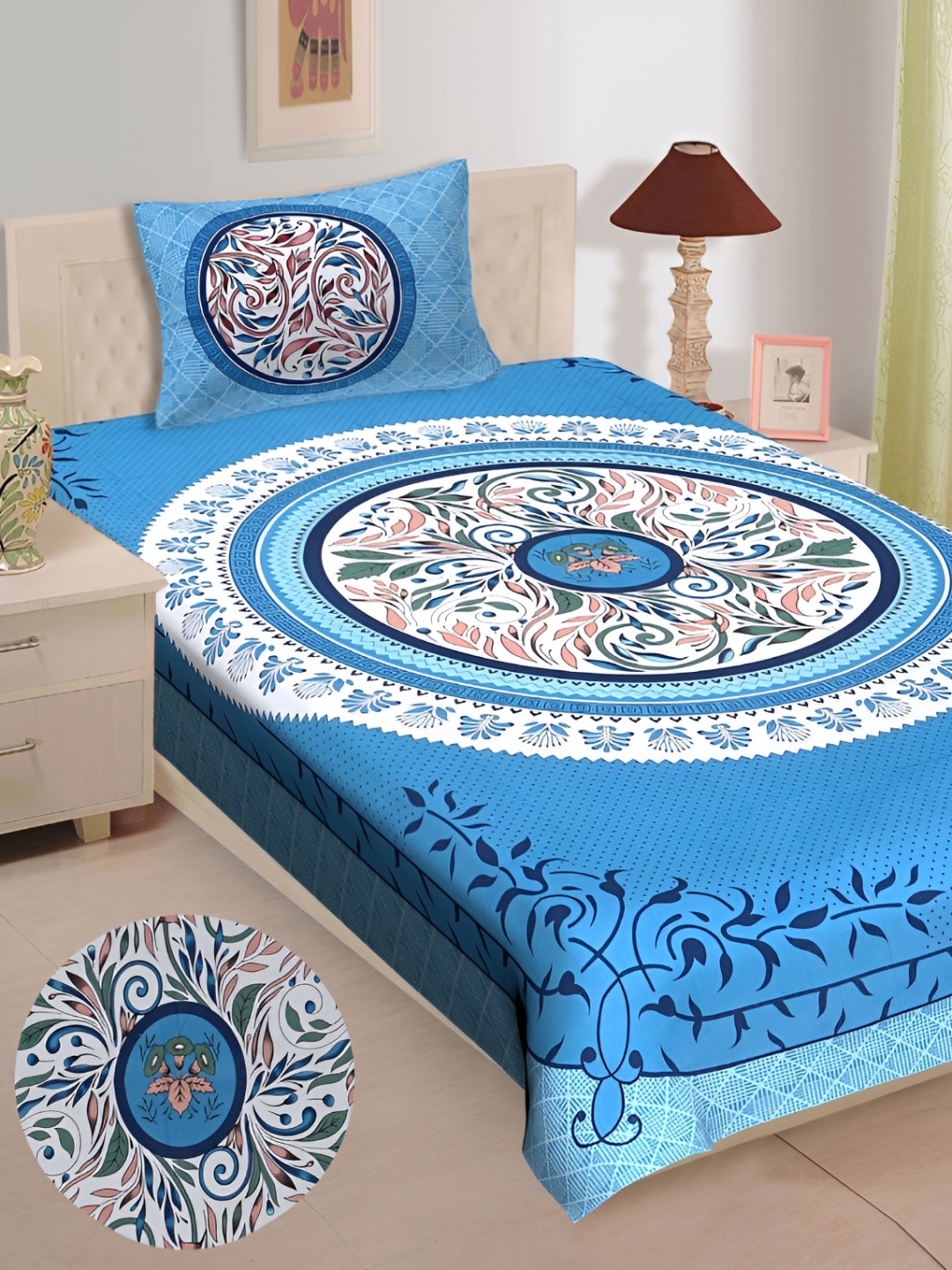 

UNIBLISS Blue & White Floral Printed Cotton 144 TC Single Bedsheet With 1 Pillow Cover