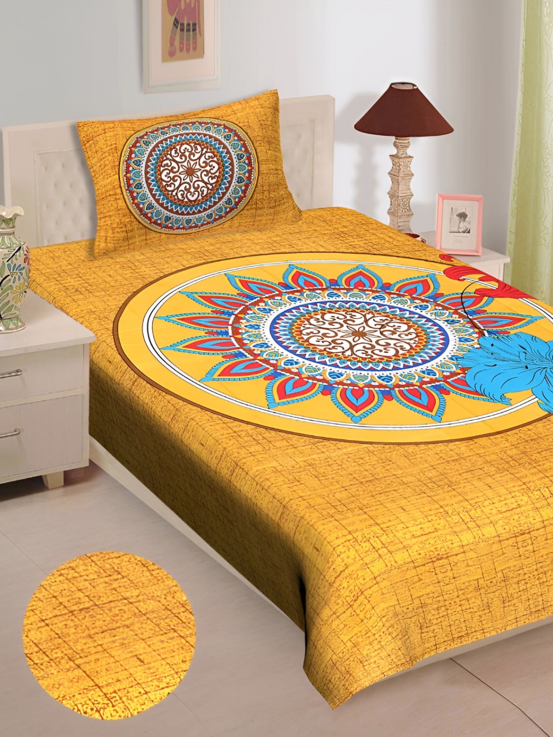 

UNIBLISS Yellow Ethnic Motifs Printed Cotton 144 TC Single Bedsheet With 1 Pillow Cover