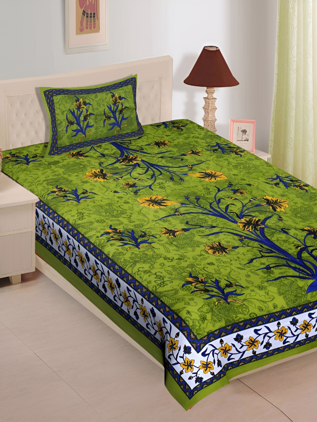 

UNIBLISS Green & Blue Floral Printed Cotton 144 TC Single Bedsheet With 1 Pillow Cover