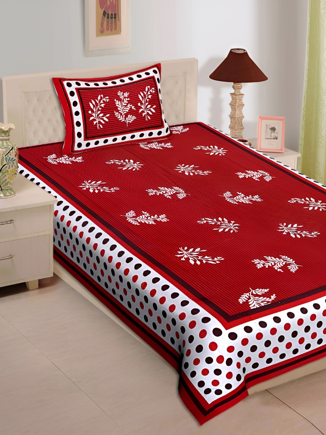 

UNIBLISS Red & White Floral Printed Cotton 144 TC Single Bedsheet With 1 Pillow Cover